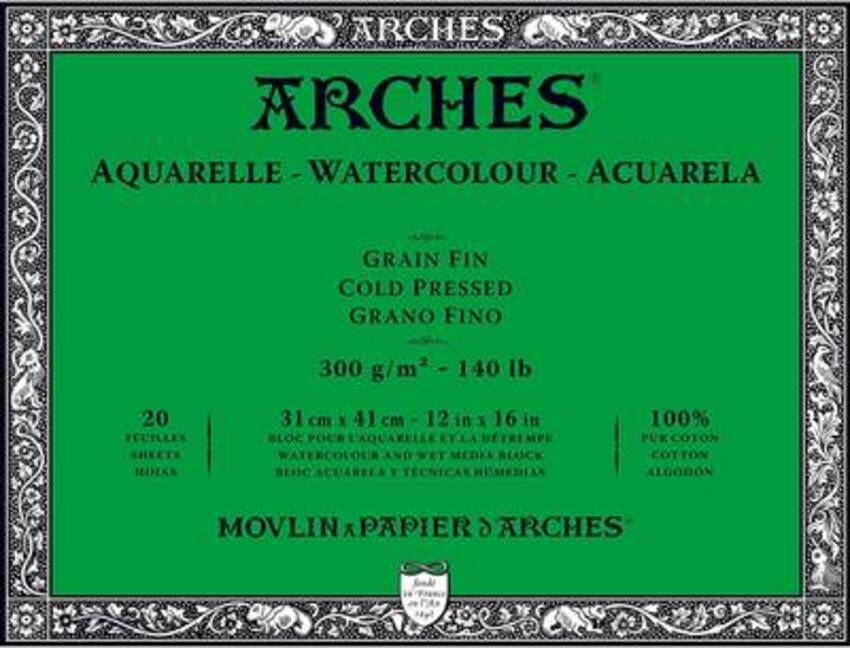 Bloc de papier aquarelle Arches 140lb/300gr 12 x 16 grain fin (cold  pressed) 20f. par